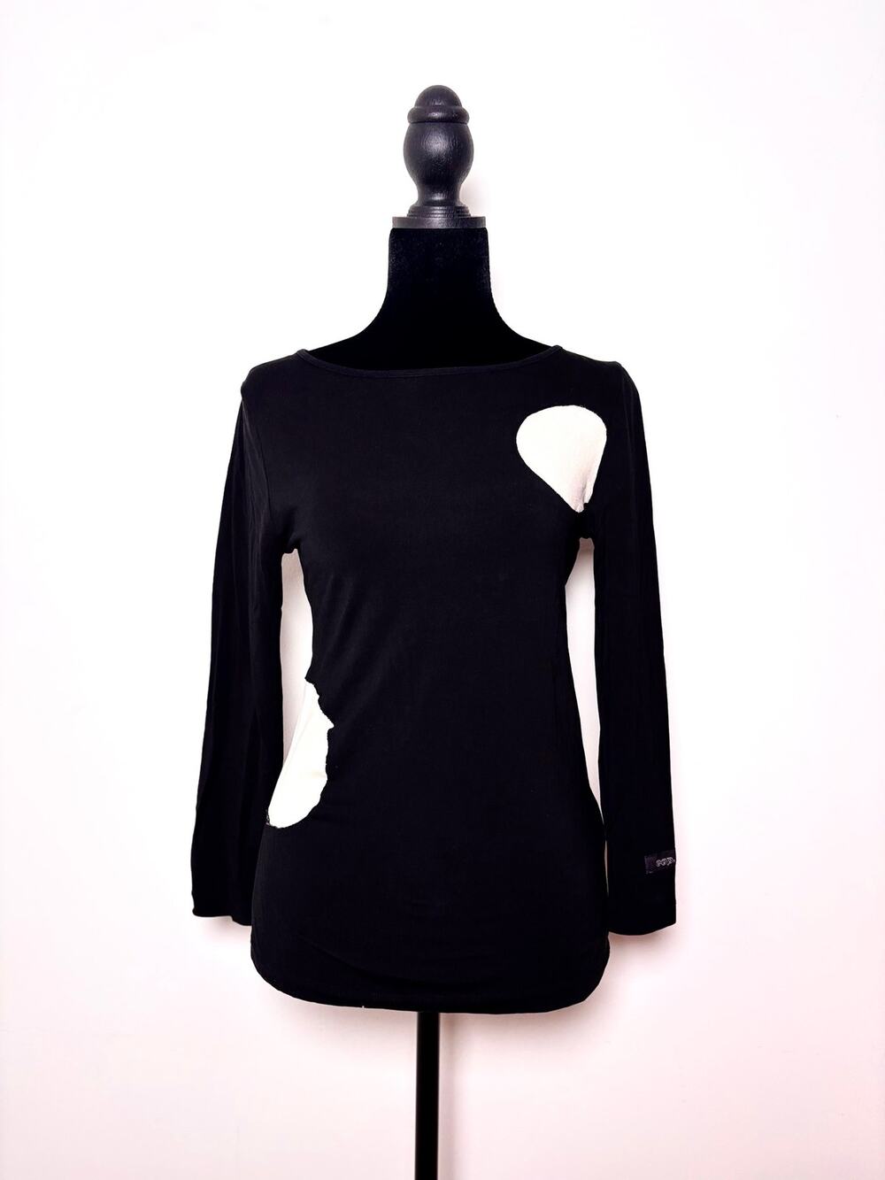 Vtg Y2K Cop Copine Black Long Sleeve Euro Top White Polka Dot Patches Sz S/M
